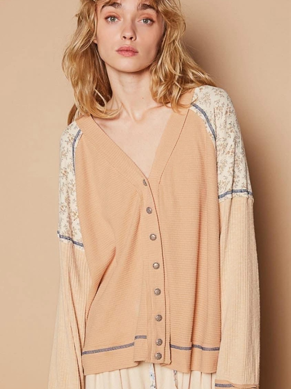 POL Peach and Cream Mixed-Media Button Cardigan